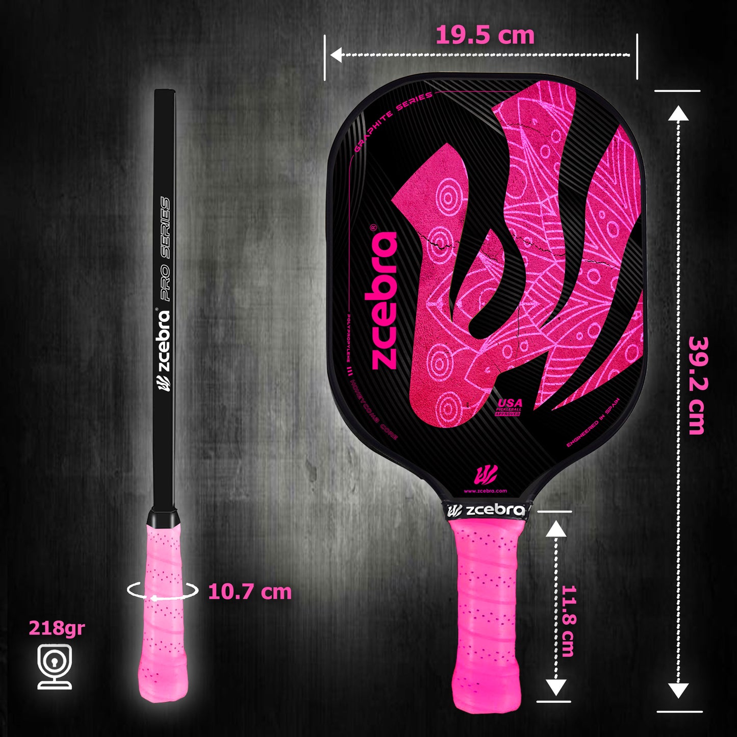 Zcebra Graphite Picklaball racket Pink fodral mått längd höjd handtag omkrets bredd