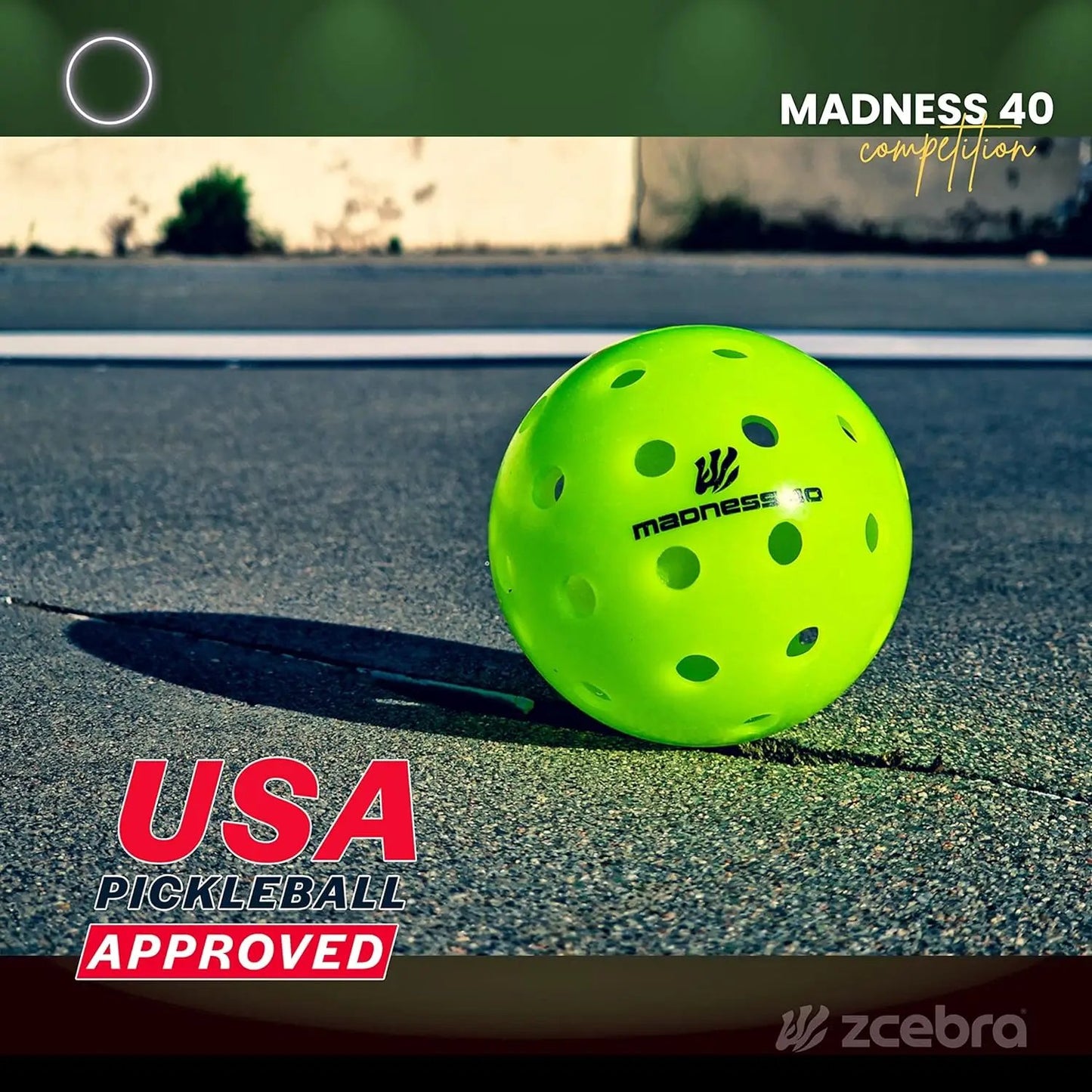Närbild Zcebra Madness 40 på marken, USA Pickleball approved