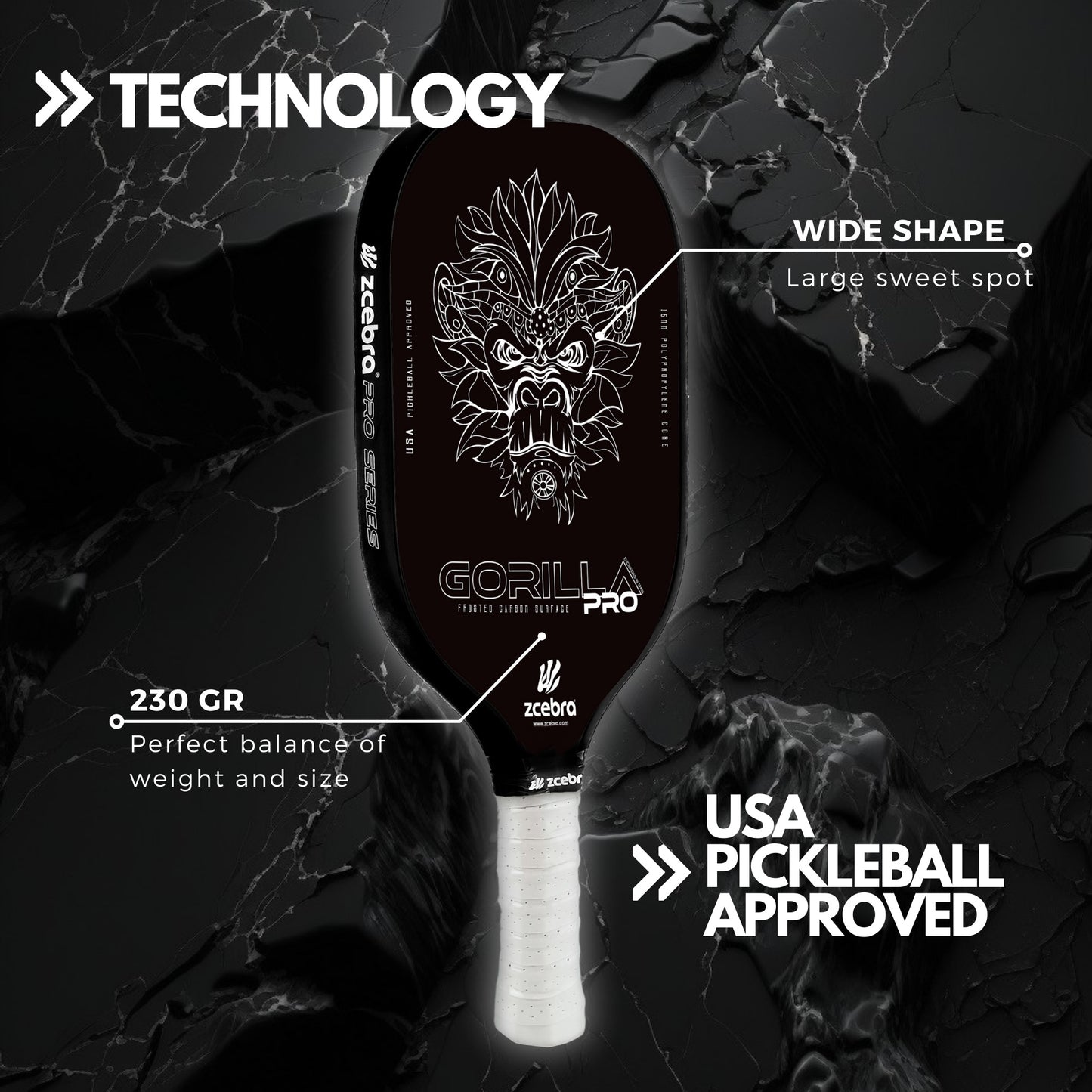 Svart Zcebra Gorilla Pro pickleballrack, USA Pickleball godkänt, med teknologiska specifikationer.