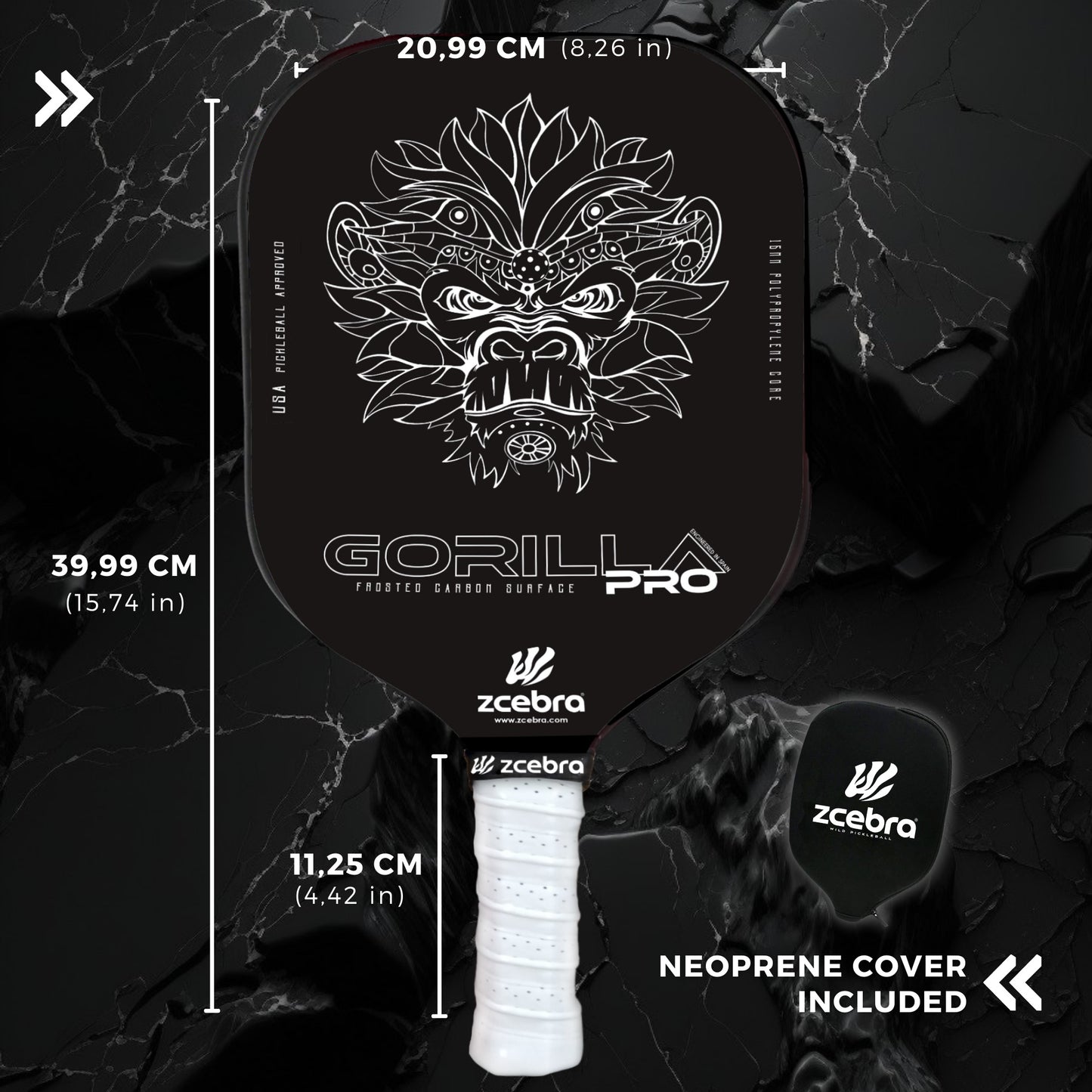 Svart Zcebra Gorilla Pro pickleball racket med frostad kolfiber yta och måttangivelser