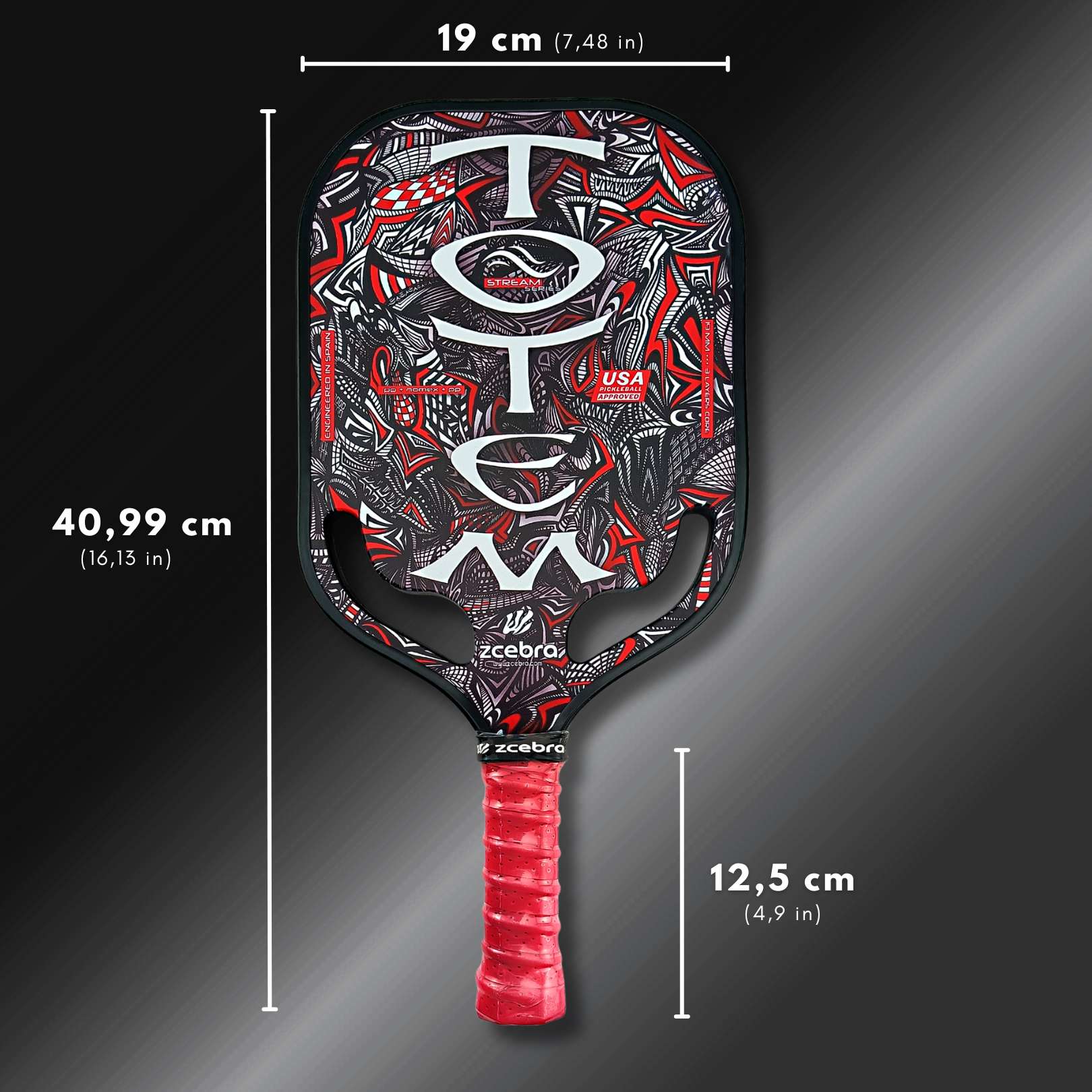 Zcebra Totem Pickleball racket Färgglatt tryck Mått längd höjd bredd Handtag